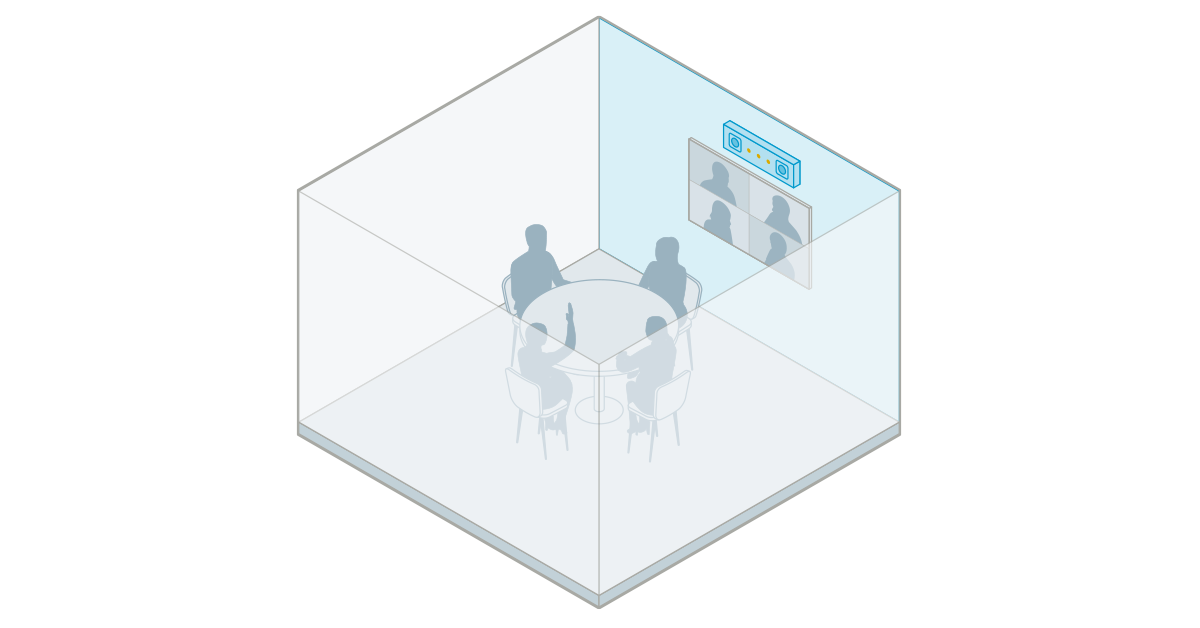 Isometric illustration of a small meeting room with a single table and 4 seated participants. A wall-mounted display and all-in-one videoconferencing device are shown at one end of the room, representing a standard small-room collaboration setup.