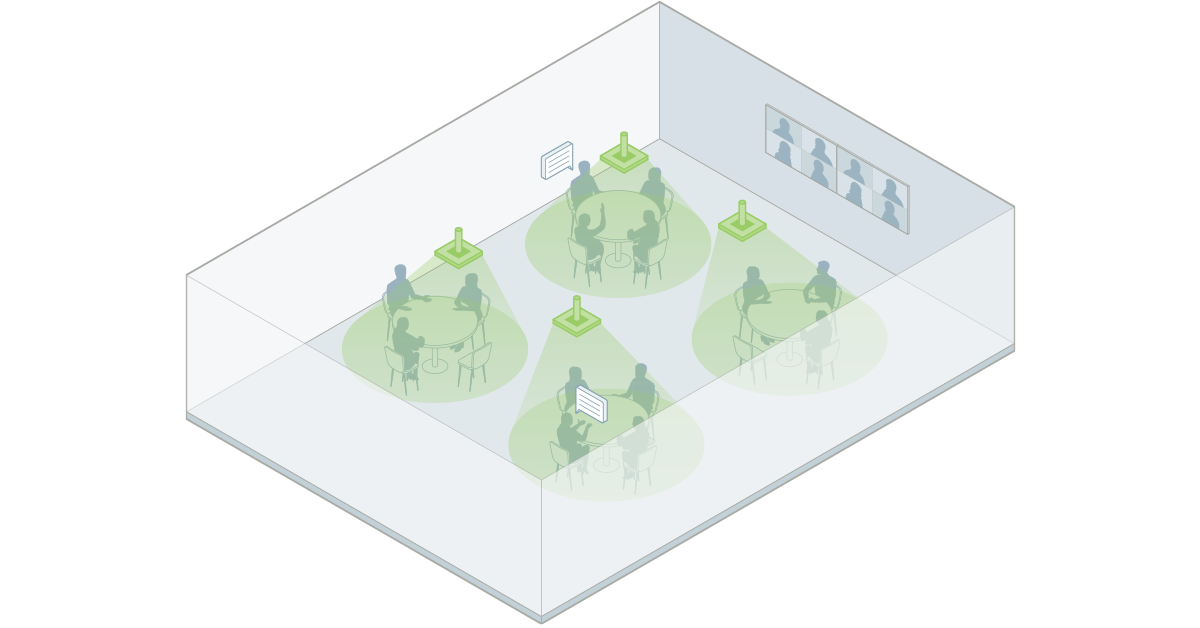 Isometric diagram of a larger meeting room divided into multiple circular coverage zones. Several ceiling-mounted microphone arrays are placed throughout the space, each covering a limited area, representing the traditional approach of deploying multiple arrays to achieve full room coverage.