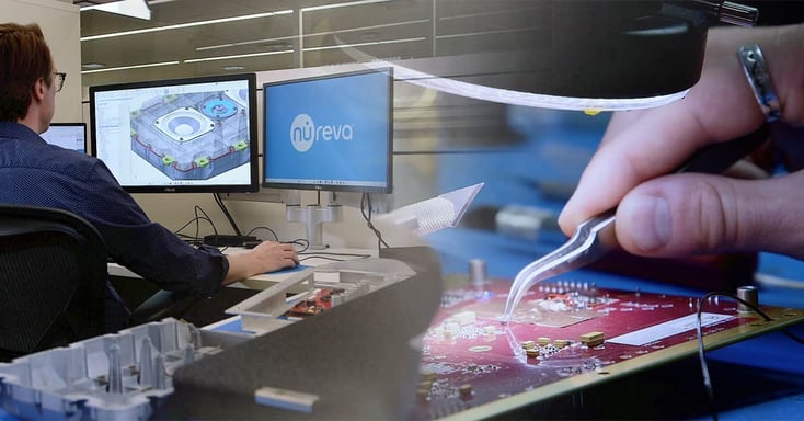 A blended image showing an engineering workspace. On the left, a person sits at a desk with two monitors, one displaying a 3D CAD model of an HDX audio bar and the other showing a Nureva logo. On the right, a close-up view shows hands using tweezers to adjust components on a red printed circuit board.