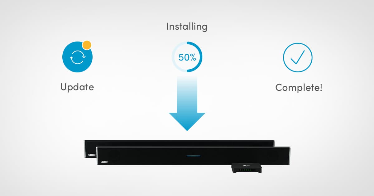 Device update graphic labeled “Installing” with icons reading “Update,” “50%” and “Complete!” above a Nureva HDL410 audio system.