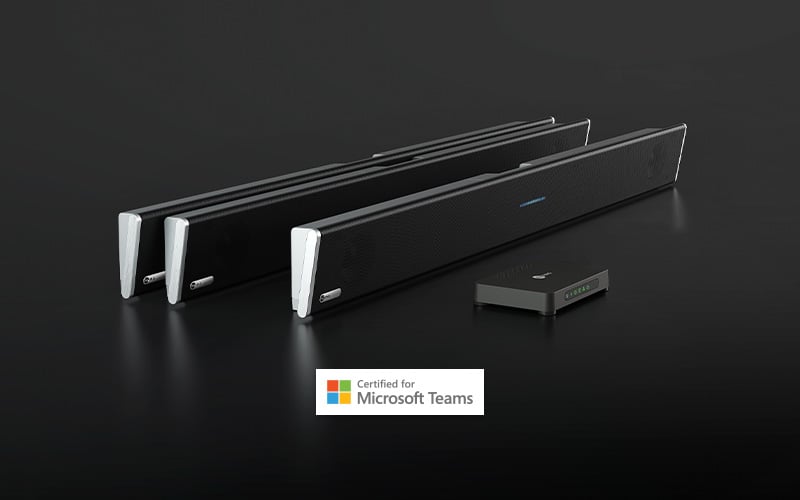 Nureva HDL310 and HDL410 audio conferencing systems on a dark background, comprising single and dual horizontal black microphone and speaker bars with a black rectangular connect module. Beneath them is a Certified for Microsoft Teams badge.