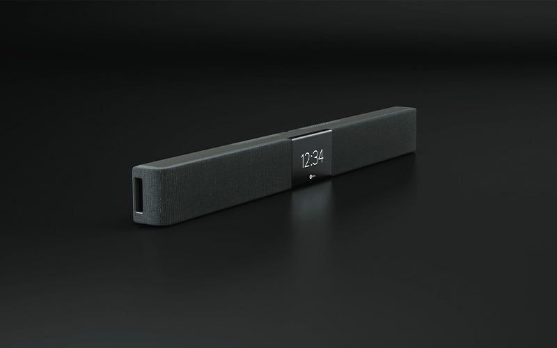A Nureva HDL200 audio conferencing system on a dark background, featuring a black horizontal microphone and speaker bar with clock display.