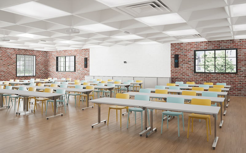 Large classroom with rows of tables and chairs, equipped with a Nureva HDX full-featured audio system. Two black vertical audio bars are mounted on the wall, either side of a display. Two white microphone pods are suspended from the ceiling.