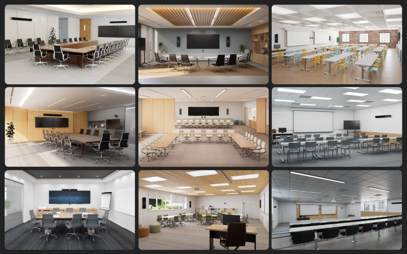 Collage of assorted spaces equipped for hybrid collaboration with Nureva audio systems. Included are meeting rooms, boardrooms, classrooms, a divisible room, a flex space and a training room.
