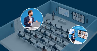 Illustrated lecture hall in a hybrid learning setting with an instructor, seated audience, wall-mounted audio devices for audio conferencing, and displays and cameras for videoconferencing.