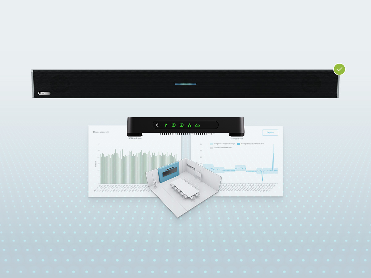 Front view of a Nureva HDL310 audio conferencing system for large rooms, including an integrated microphone and speaker bar and a connect module. Below the audio system are data visualization graphics showing audio performance and room information. An illustration of a meeting room appears in the foreground.