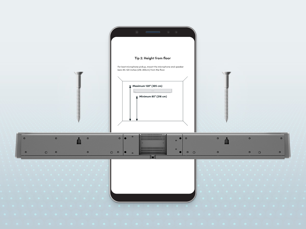 Rear view of a Nureva HDL310 audio conferencing system displayed against a light gray background. Two mounting screws are shown on either side of the device, while a smartphone screen in the background displays installation guidance