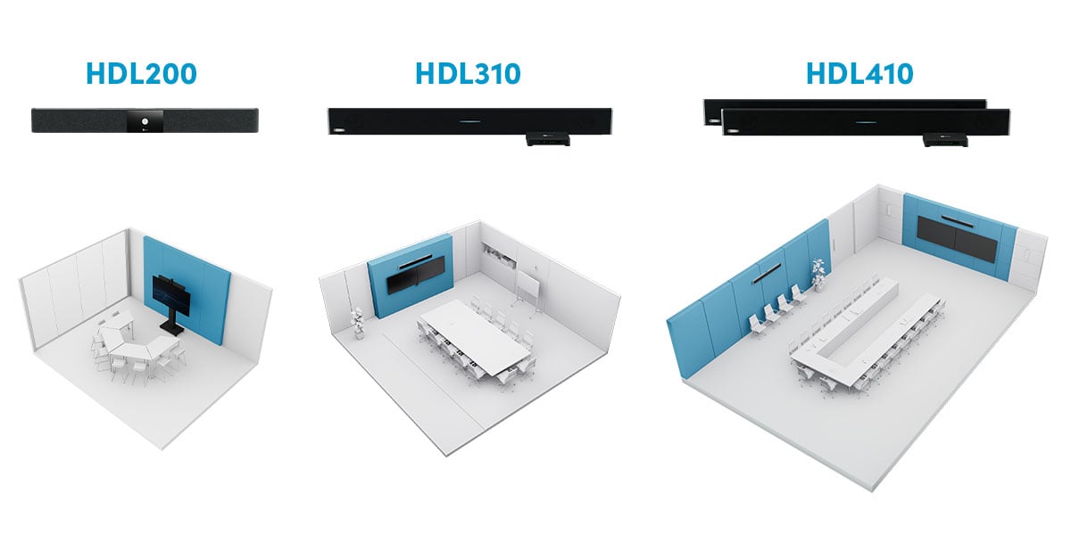 Nureva HDL200, HDL310 and HDL410 audio conferencing systems shown alongside examples of the rooms they are designed for, including a huddle room, a large meeting room and an executive boardroom.