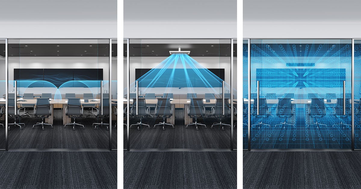 Glass-walled conference room illustrating three types of audio conferencing systems and their microphone coverage. The left image shows speakerphones on the table, the middle image shows a traditional beamforming setup with ceiling mics and the right image shows Nureva’s parented Microphone Mist technology.