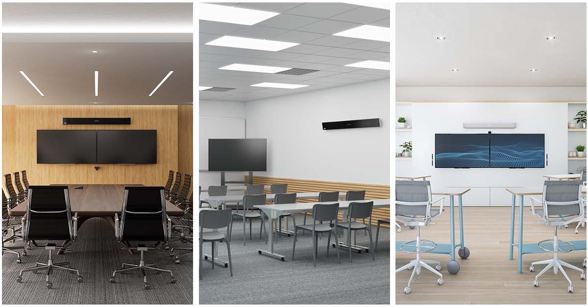Collage of three modern corporate spaces — an extra-large boardroom, a large training room and a medium-sized meeting room. Each features flexible furniture and scalable audio solutions from the Nureva HDL series alongside large display screens for presentations and video conferencing.