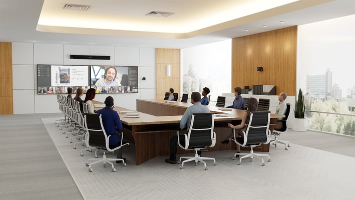 Large conference room equipped with a Nureva audio system, illustrating standardized, repeatable deployment of full-room audio across multiple enterprise meeting spaces.