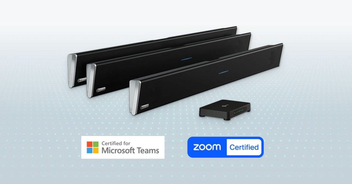 Nureva HDL310 and HDL410 audio conferencing systems shown on a grey background. Badges below indicate they are certified for Microsoft Teams and Zoom for seamless integration in unified communications platforms