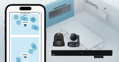 Nureva HDL310 system and two cameras in a large meeting room alongside the Nureva App on a smartphone screen showing camera zones for presenter and audience.