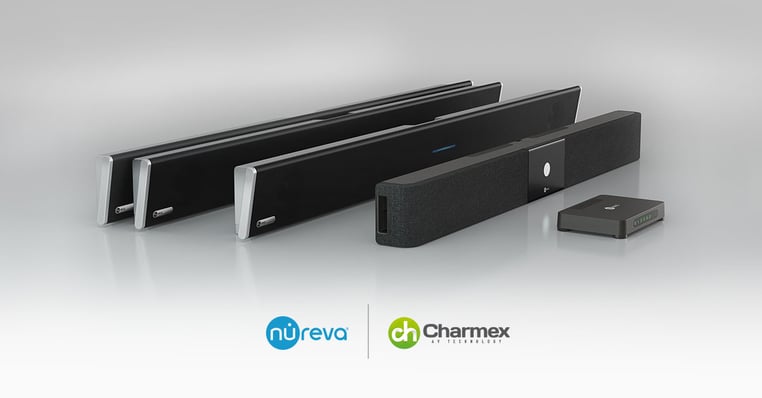 The product line of Nureva audio conferencing systems, with integrated microphone and speaker bars and connect modules, with the Nureva and Charmex logos.