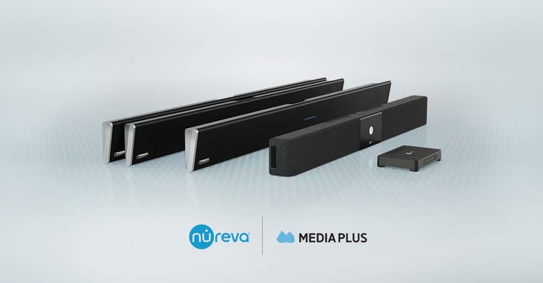 The Nureva HDL product line of audio conferencing systems, with integrated microphone and speaker bars and a connect module, with the Nureva and Media Plus logos.