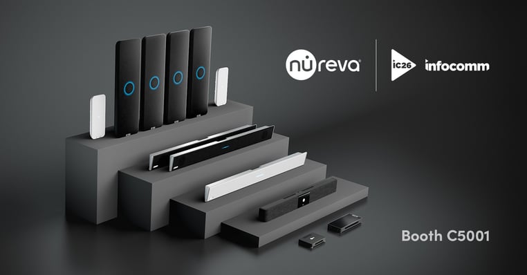 Nureva audio product family displayed on tiered platforms, featuring microphone arrays, soundbars, and accessories, with Nureva and InfoComm iC26 logos and Booth C5001 text on a dark background 