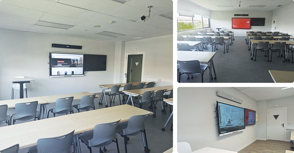 Collage of three photos showing modern university classrooms at Universidad Europea. The rooms include multiple rectangular light-wood tables, grey chairs, large wall-mounted displays and  Nureva HDL audio conferencing systems mounted above the displays. 