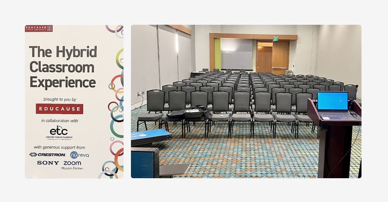 On the left, an event poster for a session titled The Hybrid Classroom Experience, with EDUCAUSE as the presenter in collaboration with ETC and with support from Crestron, Nureva, Sony and Zoom. On the right, a conference room with rows of empty chairs facing a podium that holds a laptop, prepared for hybrid sessions.