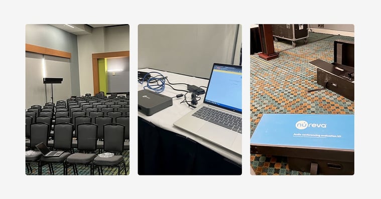 A compilation of three images of the EDUCAUSE hybrid learning space. Image 1 is a side view with rows of chairs and a Nureva HDL410 system mounted near the back wall. Image 2 is a close‑up of a laptop connected to a Nureva connect module. Image 3 is a Nureva installation kit on the floor next to open equipment cases.