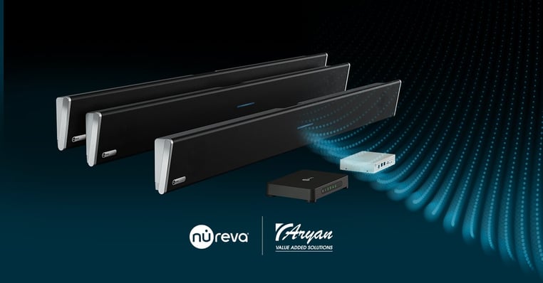 The product line of Nureva audio conferencing systems, with integrated microphone and speaker bars and connect modules, with the Nureva and Aryan logos.