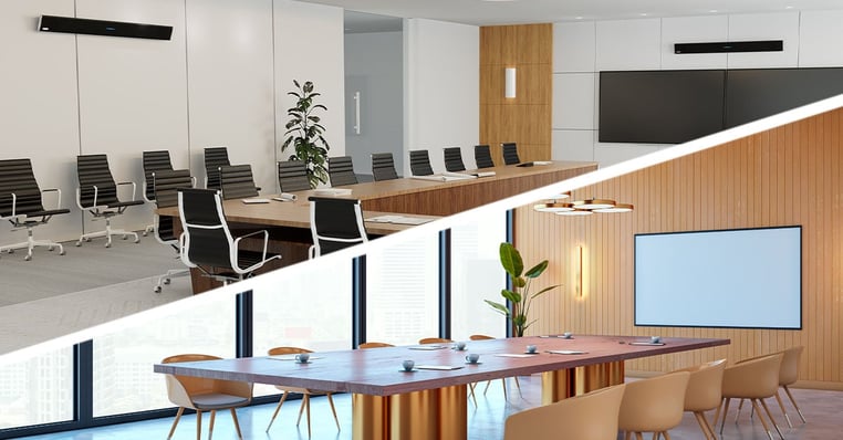 A split screen of two meeting rooms featuring modern-looking furniture, a glass wall (on one of them) and AV products including Nureva audio solutions.