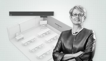 CEO Nancy Knowlton stands next to one of our sustainable audio systems