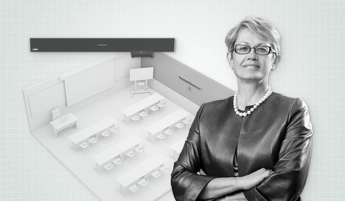 CEO Nancy Knowlton stands next to one of our sustainable audio systems