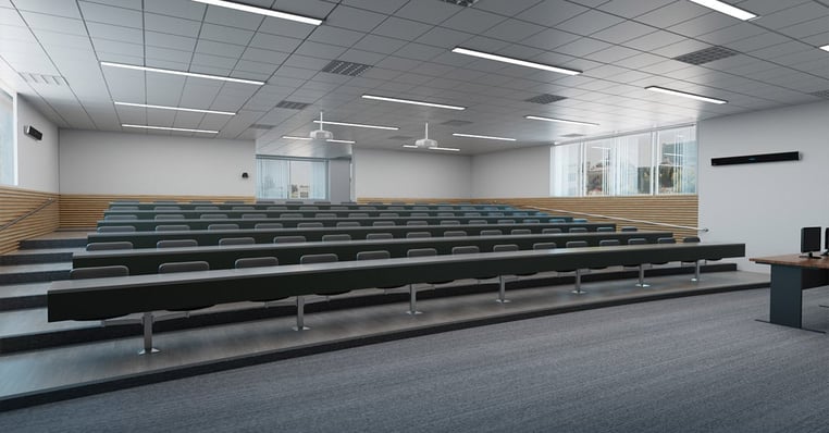 Tiered lecture hall using an HDL410 system, which features unified coverage map