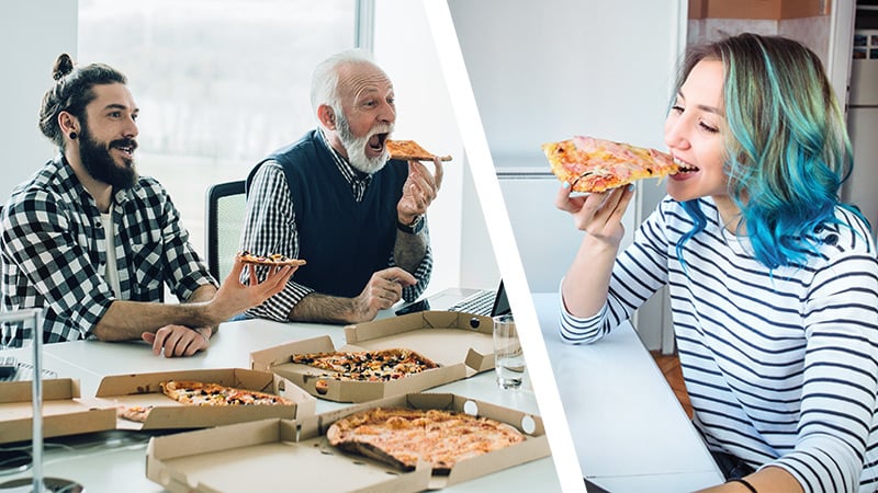 Remote and in-person team members eat pizza together