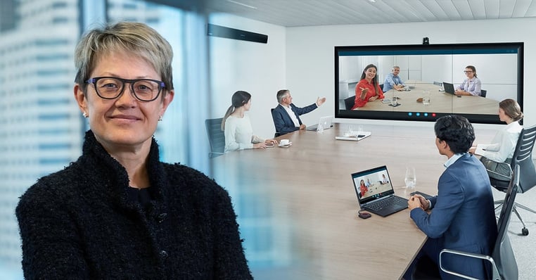 Nureva CEO Nancy Knowlton in front of people having an equitable hybrid meeting 