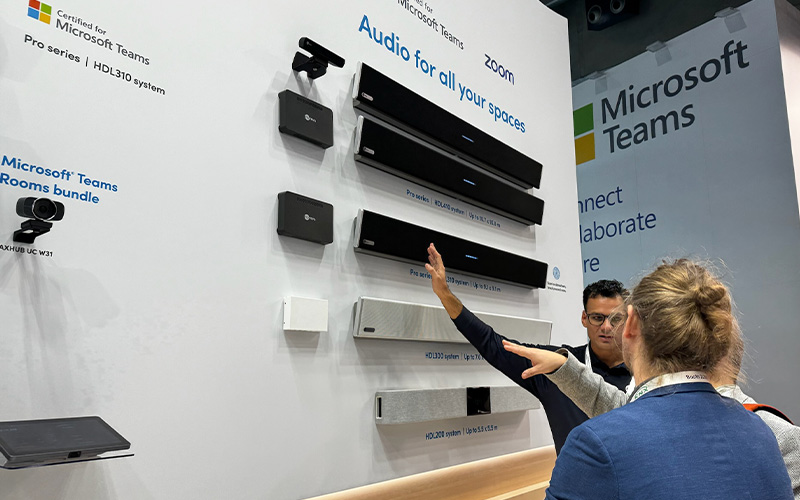ISE 2024 stand image of Nureva's range of audio conferencing solutions 