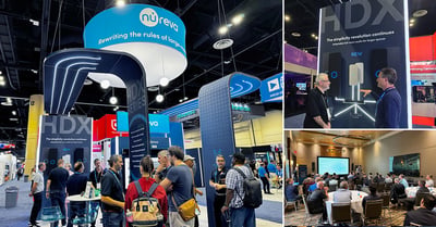 Collage of three snapshots taken at InfoComm 2025 of the full Nureva booth, an interview in front of the Nureva HDX series and a channel information session.