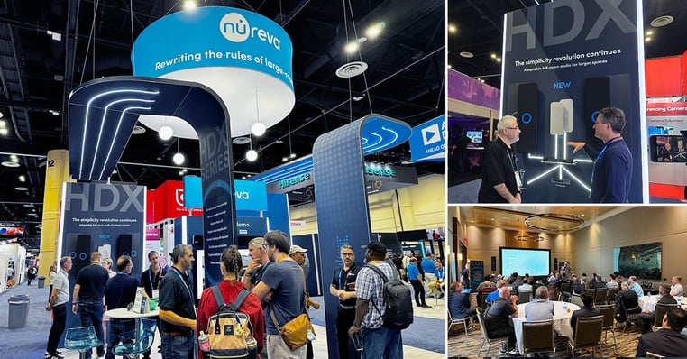 Collage of three snapshots taken at InfoComm 2025 of the full Nureva booth, an interview in front of the Nureva HDX series and a channel information session.
