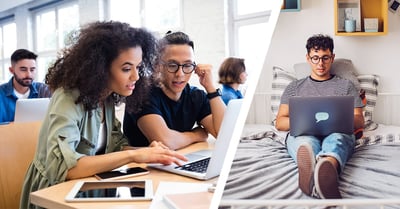 Remote and in-person students work together in a hybrid learning classroom
