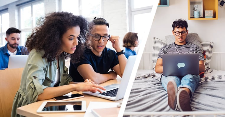 Remote and in-person students work together in a hybrid learning classroom