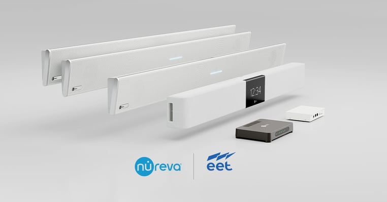 The product line of Nureva audio conferencing systems, with integrated microphone and speaker bars and connect modules, with the Nureva and EET Group logos.