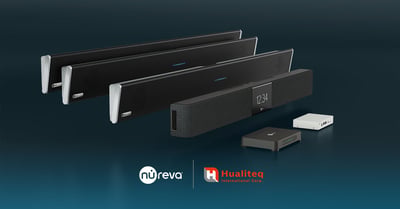 The full range of Nureva audio conferencing systems, with integrated microphone and speaker bars and connect modules, with the Nureva and Hualiteq logos.