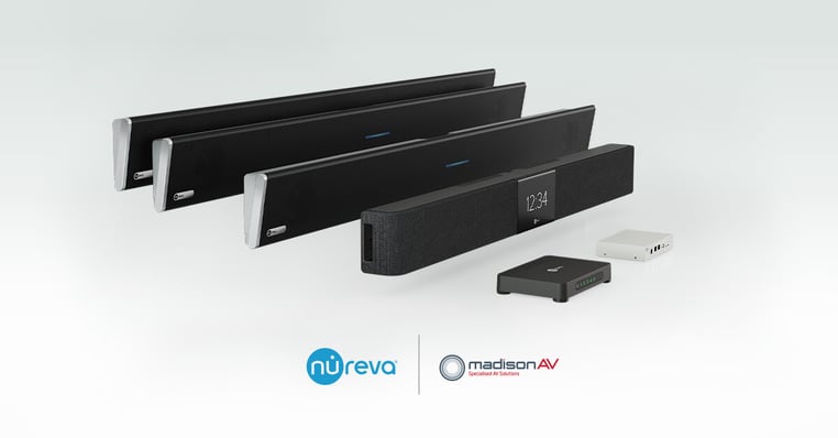 Nureva audio systems with microphone and speaker bars and connect modules. Beneath them are the Nureva and MadisonAV logos.