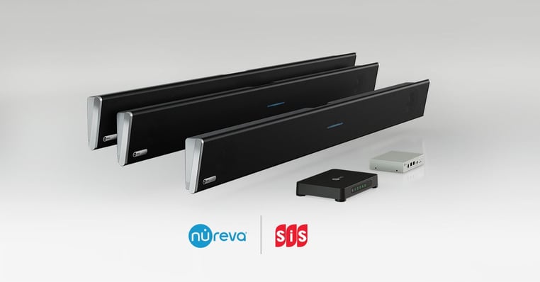 Nureva integrated microphone and speaker bars, shown as a pair and a single, with two types of connect modules. The blue Nureva and red SiS logos are below.