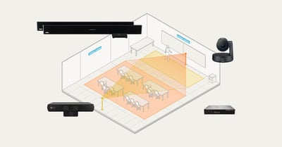 Nureva HDL410 audio conferencing system with camera zones feature in extra-large spaces
