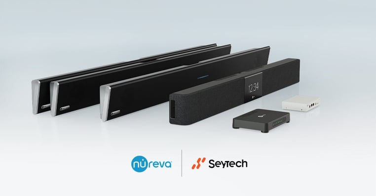 The full range of Nureva audio conferencing systems, with microphone and speaker bars and a connect module, and the Nureva and Seytech logos.