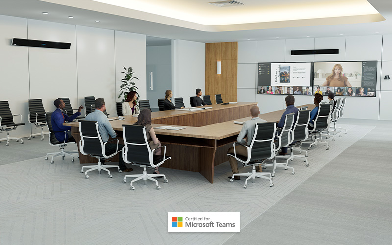 Nureva HDL410 audio system certified for Microsoft Teams, shown in a large boardroom