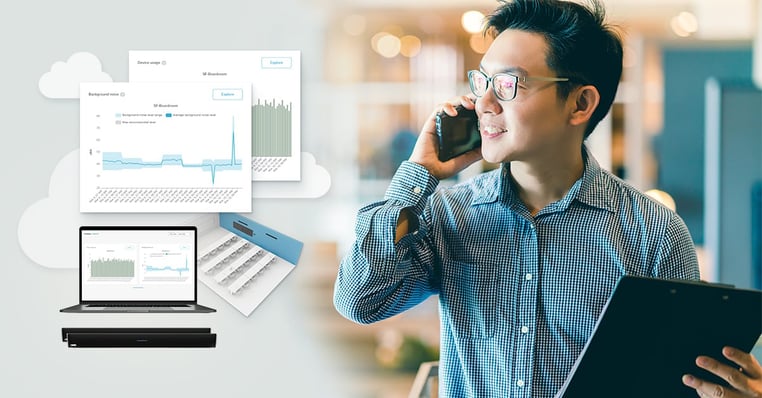 IT professional with Nureva Console background noise and usage data charts