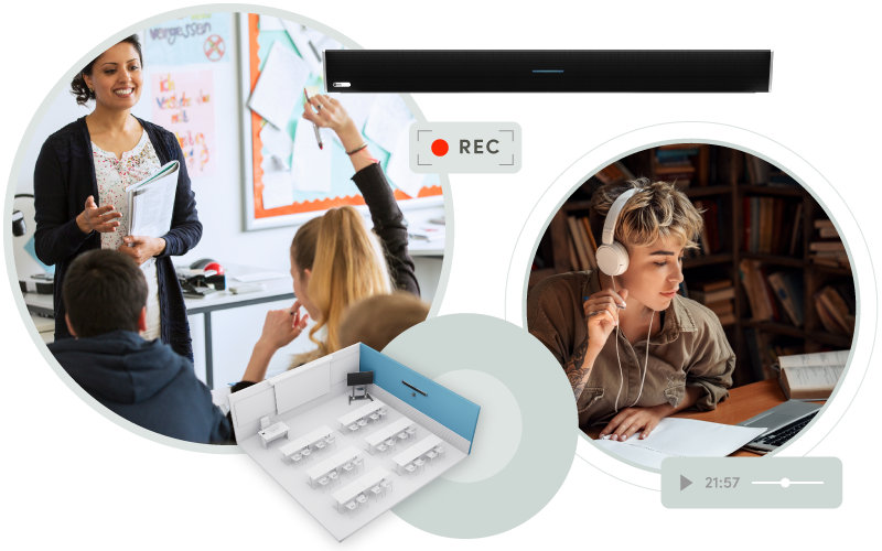 Students in a classroom with their teacher while a remote student participates through the Nureva HDL310 audio conferencing system