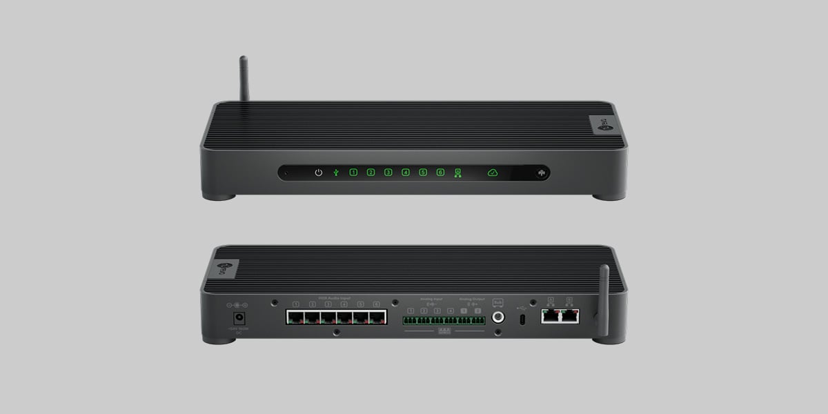 Nureva HDX system hub shown from front and back views