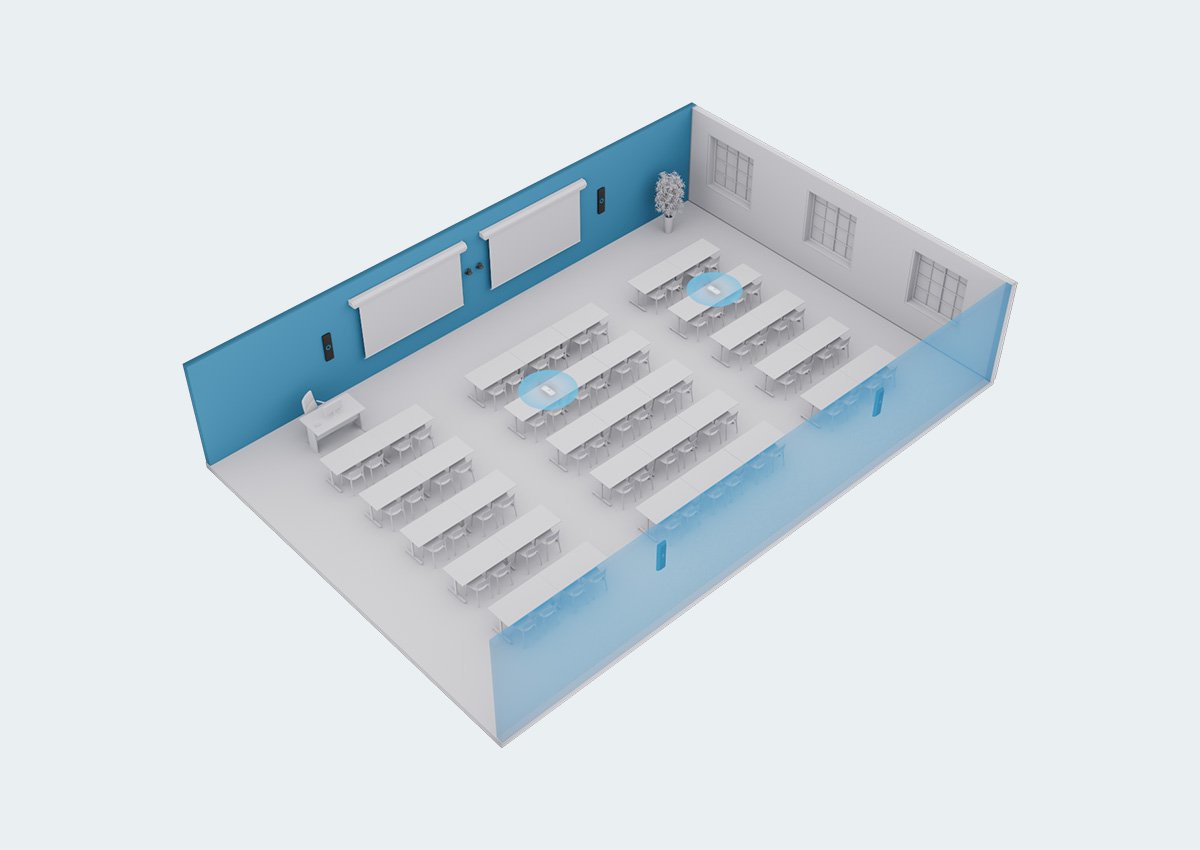 Classroom layout with Nureva HDX system in 4-bar and 2-pod setup for hybrid learning in large spaces.