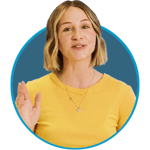 Female in a yellow shirt smiling inside a blue circle.