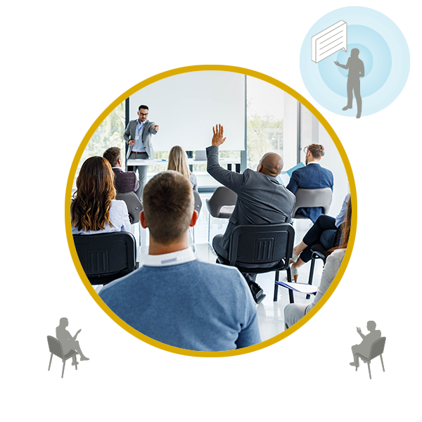 Graphic illustrating Nureva HDX series with Adaptive Voice Lift feature, showing a presenter speaking to an audience in a modern meeting room, enabling clear voice amplification for hybrid collaboration.