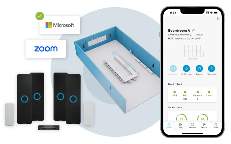 Executive meeting room AV setup featuring Nureva HDX system with two audio bars and one pod, shown with Microsoft Teams and Zoom compatibility, plus mobile device interface of Nureva App for remote management.