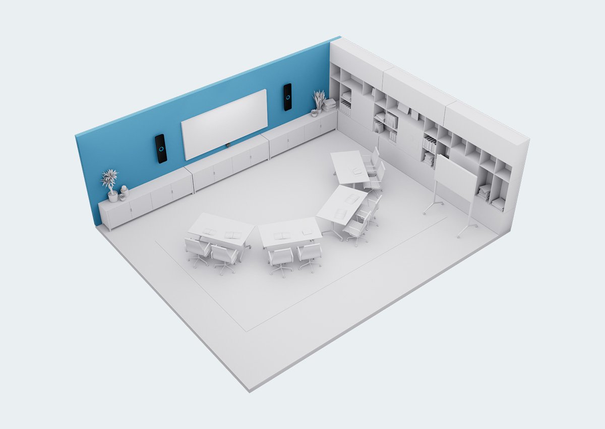 Immersive meeting room skeletal layout with Nureva HDX system in 2-bar setup for collaborative meetings in large spaces.